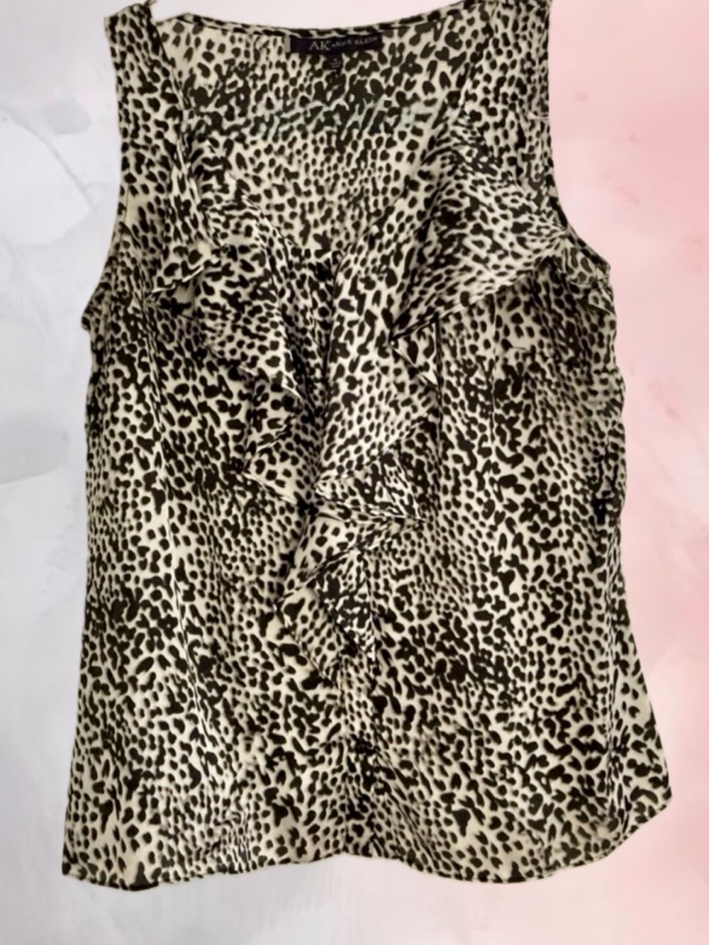 AK Anne Klein Leopard Cheetah Animal‎ Print Sleeveless Ruffled Top Sz 6